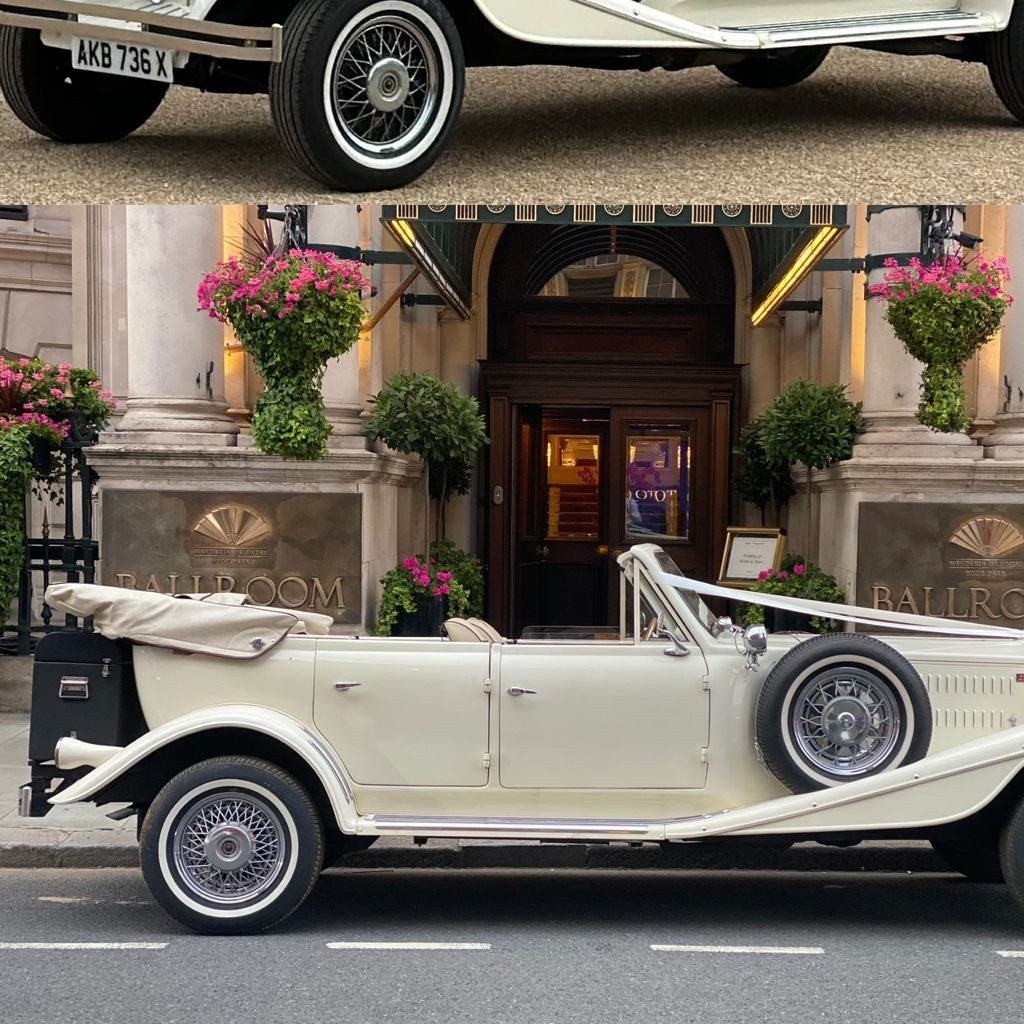 Beauford cream open-top tourer at grand hotel entrance — classic prom car Bedford