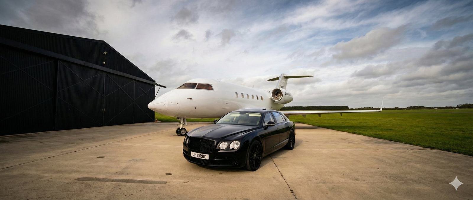 Bentley Flying Spur beside private jet on airfield — luxury airport transfers Bedford Executive Cars