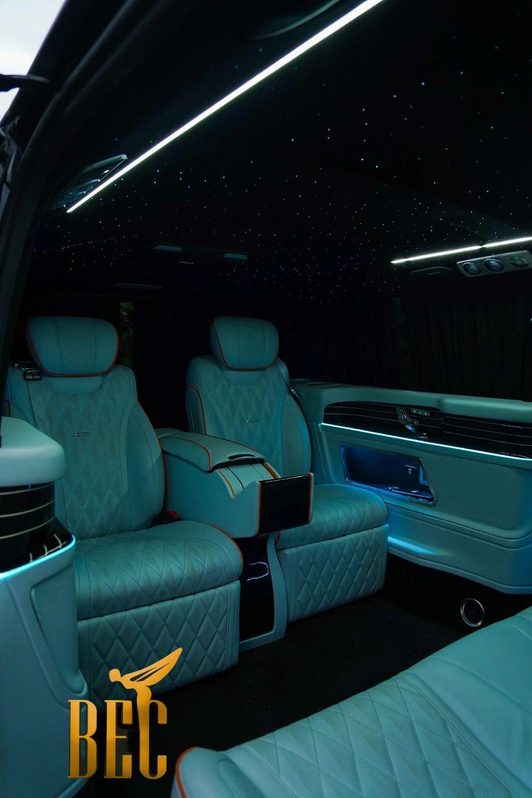 Mercedes V Class interior with ambient starlight ceiling — Bedford Executive Cars airport fleet